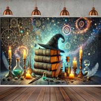 1 Background cloth with magician book motif - mysterious fantasy decoration, including wizard hat, vintage books, and magical talismans 47.2x31.5inch/120*80cm gray