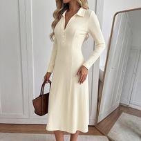 New Elegant and Mature Style Solid-color Herringbone Polo-neck Dress L white