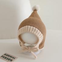 Winter Warm Baby Knitted Hat Cute Pompom Infant Ear Protection Cap Boys Girls Beanies Thicken Woolen Lacing Hat Bonnet brown