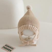 Winter Warm Baby Knitted Hat Cute Pompom Infant Ear Protection Cap Boys Girls Beanies Thicken Woolen Lacing Hat Bonnet gray