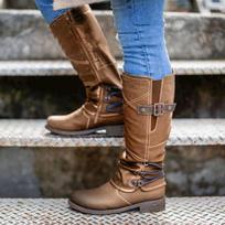 2020 Winter Women's Plus Size High Tube Knight Boots with Side Zipper & Buckle 42 gray