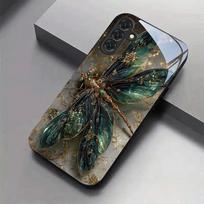 Gilded Emerald Dragonfly Black Glass Phone Case for Samsung Galaxy S26/S25 Ultra/S24/S24 FE/S24 Plus/S24 Ultra/S23+/S22+/S21 5G Galaxy S21+ 5G smėlis