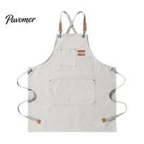 Barbecue Grilling Apron Canvas Work with Multi-Pocket, Waterproof Oil-Proof Cross-Back Apron, Crafting And DIY Workwear Adjustable Straps Protective white