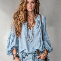 Women's V-Neck Loose Fit Bohemian Long Sleeve Shirt for Casual Daily Wear S
