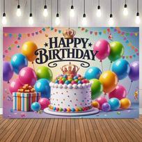 Happy Birthday Cake Party Decoration Backdrop Multi-color Balloon Ribbon Family Theme Poster Photo Studio Photography Background15 59×39inch/150*100cm