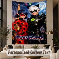 Custom Text Printed Tapestry Miraculous Ladybug Pattern Large Wall Hanging Indoor Room Decor 100cmx150cm