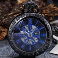BLACK MENS POCKET WATCH WOMEN LADY PENDANT FOB MECANICAL POCKTE WATCHES FOR MAN SKELETON STEAMPUNK MALE CLOCK reloj hombre blue