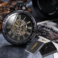 BLACK MENS POCKET WATCH WOMEN LADY PENDANT FOB MECANICAL POCKTE WATCHES FOR MAN SKELETON STEAMPUNK MALE CLOCK reloj hombre
