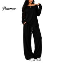 High Waisted Wide Leg Pants Set Women Sweatshirt 2-Piece Set, Off Shoulder Long Sleeve Top & Pant Sets Trousers, Solid Color Matching Lounge XXL black