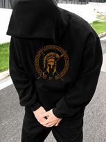 unisex Greek Spartan Warrior Hoodie - Spartan Helmet & Crossed Spears Print Sweatshirt, Black with Orange Greek, Kangaroo Pocket & Drawstring Hood, St XL black