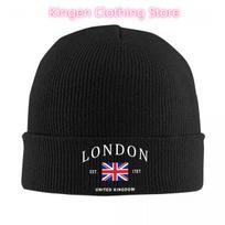 Custom London British Flag Skullies Beanies Caps Winter Warm Knitted Hat Adult United Kingdom Pride Patriotic Bonnet Hats One Size black