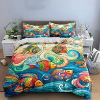 Colorful Ocean Fish Art Set Bedding Set with 1 Duvet Cover 2 Pillowcases Single Double King Queen, Gift EU Twin 135X200cm&set
