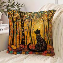 1pc, Short Plush Decorative Pillowcase, Gustav Klimt Style Autumn Forest Cat Pillowcase, Single-Sided Printing, Suitable for Sofa, Living Room, Bedroo 45X45CM orange