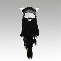 Winter Warm Viking Beard Beanie Horn Hat Big Beard Mask Hat Funny Wig Beard Hats  Costume Accessory black
