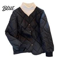 V-neck Cotton Jacket Winter Down Coat with Pockets Padded V Neck Rhombus Stitching Women Lightweight Zip-up Windproof Heat Retention Daily Cold XL black