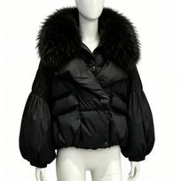 Women's winter new natural real fox big fur collar bubble sleeve down jacket fashionable thickened warm loose coat M black