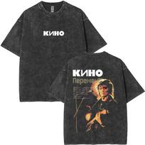 Washed Vintage Kino Viktor Tsoi Graphic T Shirts Men Women Casual Cotton Oversized T-shirts Men's Classic Rusian Rock Streetwear S black