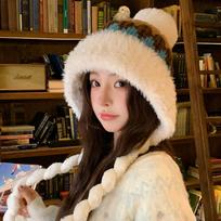 Ethnic Style Jacquard Hairball Fleece Knitted Hat Children'S Winter Cold And Warm Ear Protection Wool Hat Cycling Lei Feng Hat One size fits all【54-60cm】 beige