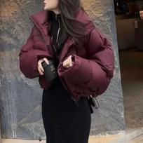 Šilti žieminiai, stori paltai moteriški trumpi pūkuoti parkai Madingi juodi medvilniniai paminkštinta moteriška striukė Elegantiški drabužiai su užtrauktuku XXL vyno raudonos spalvos