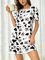 Women's Spring Summer White Sleep Dress Round Neck Short Sleeve Cute Allover Cow Spots Cartoon Milk Cow Print XL black