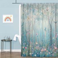 Enchanted Forest Shower Curtain, Vibrant Fairytale Woodland Jungle with Tree Bird Flowers Plant Fabric Christmas Curtains for 150x180CM