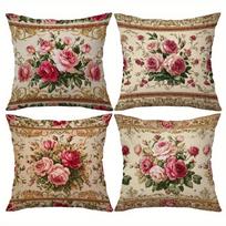 4 vnt. Vintažiniai rožių pagalvių užvalkalai 45x45 cm Klasikinis gėlių gobeleno spaudinys su ritinėlio kraštine dekoruoti sofai, lovai Medvilnės mišinys Short plush 30*30(CM)-4Pcs