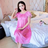 Ice Silk Short Sleeve Sleep Gown For Ladies With Elastic Fit And Summer Wear Pink pink