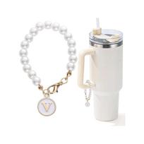 Letter Charm for Stanley Cup Pearl Chain Initial Charms for Handle Stuff Decor Water Bottle Jewelry Tumbler Personalized Name ID white