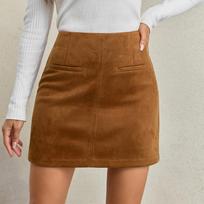 Women's High-Waist Zipper Short Skirt with Pockets for Casual Daily Wear M brown
