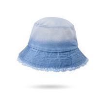 Women's Ombre Denim Bucket Hat Fashion Distressed Raw Edge Fisherman Hat for Women Slimming Wide Brim Summer Cap white