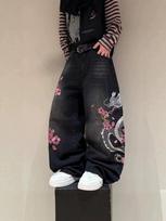 European and American jeans cherry blossom embroidered wide-leg pants washed high waist loose rough edge mopping jeans XL juoda