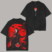 „Naruto Itachi Uchiha“ marškinėliai „Red Moon Crow Vintage Acid Wash Streetwear“ negabaritiniai „Y2K Retro Anime“ grafikos vyriški marškinėliai medvilniniai drabužiai L black