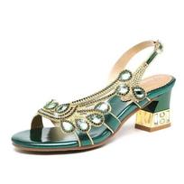 Vasaros moteriški bateliai žuvies burna deimantiniai elegantiški stori aukštakulniai sandalai vidutinio kulno madingi laisvalaikio strasai vakarėlio sandalai 41(Foot 25.5cm)