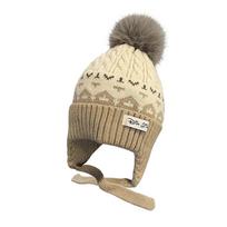 Double Lined Liner Baby Knit Cap Pom Pom Decor Ear Flap Hat Children Headwear  Kids Travel chaki