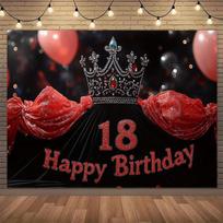 2D Happy 18th Birthday Photography Backdrop, Black Red Glitter & Crown Party Background Cloth 47.2x31.5inch/120*80cm brown