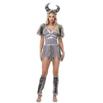 M-XL Halloween Viking female warrior COS costume Bull Demon King horn headdress fur suit, stage play costume M gray