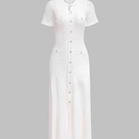 Autumn New European and American Women's Clothing Crew Neck Short Sleeve Waist Skinny Button Medium and Long Skirt Fishtail Dress XL white