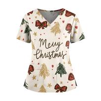 Women's Christmas Print V-Neck Scrub Top with Pockets, Short Sleeve Side Slit Caregiver Work Tunic M white