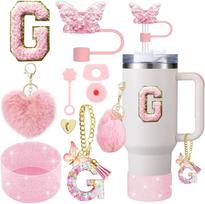 9PCS Accessory Set for Stanley Cup 30oz 40oz Butterfly Straw Cover Cap Silicone Boot Charm Initials Sticker Spill Proof Stopper white