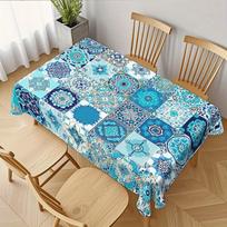 1pc Teal and Blue Moroccan Tile Print Design Polyester Tablecloth, Machine Washable and Easy to Clean, for Dining Tables, Coffee Tables, Desks, Cafe T 54*72inch(137cm*183cm） blue
