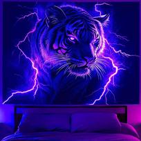 VIKAMA Neon Tiger Tapestry Lightning Wall Carpet Purple Tune Wildcat Art Hanging Cloth Living Room Background Room Decoration 150X200CM