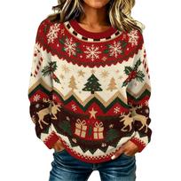 Women's Casual Long Sleeve Neck Knit Sweater Top with Christmas Print for Holiday XL beige
