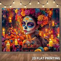 Meksikietiška Mirusiųjų dienos gobelenas, gėlių cukrinio kaukolės Calavera Catrina dizainas Helovino sienų dekoravimui ir teminės vakarėlio fonui 100X150CM