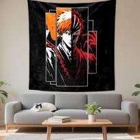 Ichigo Kurosaki Bleach Anime Wall Tapestry Half Hollow Mask Split Orange Red Black Pop Art Decor for Boys Game Room Gift 150x200cm(59x78in)