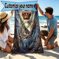Custom Name Personalized Real Madrid CF Print Beach Towel, for Trip Camping Beach Party Home Decor, Birthday Gift for Family & Friends 70cmx140cm(27x55inch)