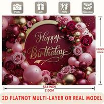 2D Happy Birthday Backdrop, Burgundy Pink Rose & Gold Balloons Photography Background 59×39inch/150*100cm