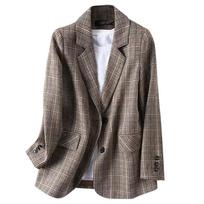 Women's British Plaid Loose Fit Casual Jacket Outerwear for Work S gray