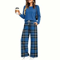 Women's Casual Pajama Set with Pockets Long Sleeve Printed Round Neck Loose Fit Loungewear L blue