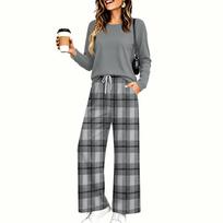 Women's Casual Pajama Set with Pockets Long Sleeve Printed Round Neck Loose Fit Loungewear XL gray