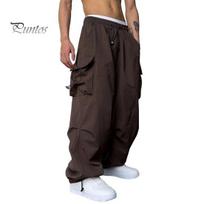 Solid Color Trousers Men Cargo Pants Multi Pocket Oversized Elastic High Waist Deep Crotch Ankle-banded Soft Breathable Hip Hop Streetwear Long S black